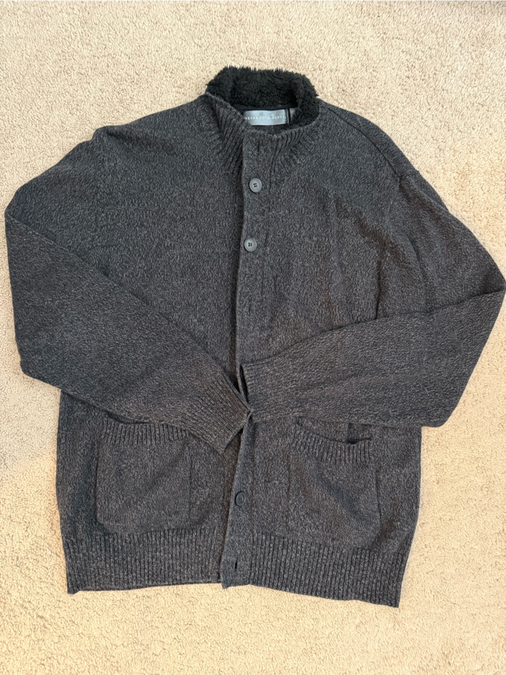 Oscar de la Renta Black Sherpa-Trim Cardigan Jacket